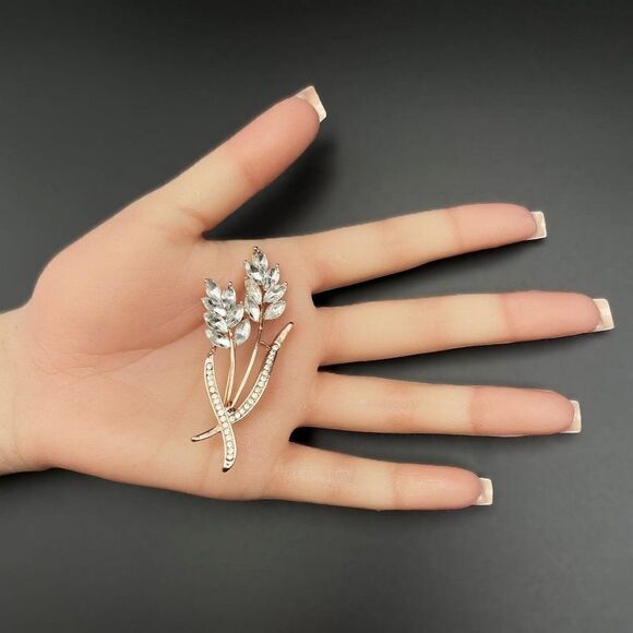 Rose Gold with White Diamond Crystal Wheat Ear Plant Bouquet Pin Back Brooch - Picture 8 of 8